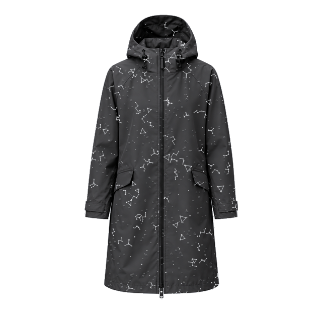 Water-Reactive Constellation Long Raincoat — Charcoal fully wet patterned state