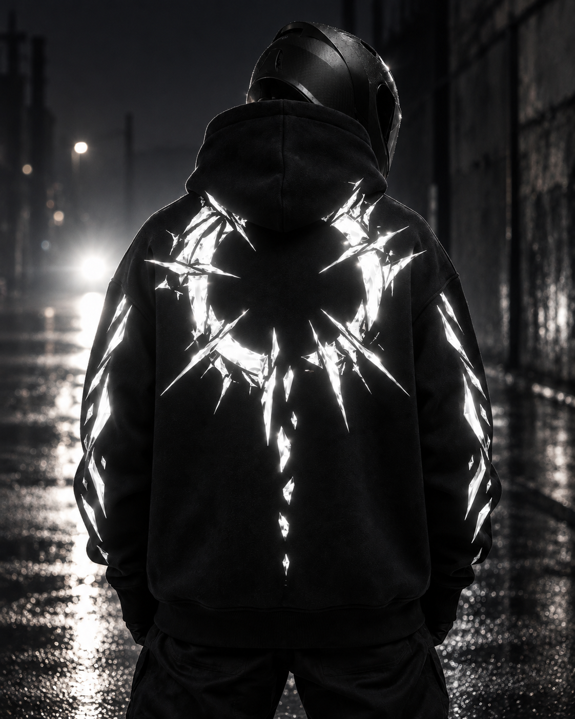 Fractured Halo Reflective Hoodie reflective artwork illuminated at night