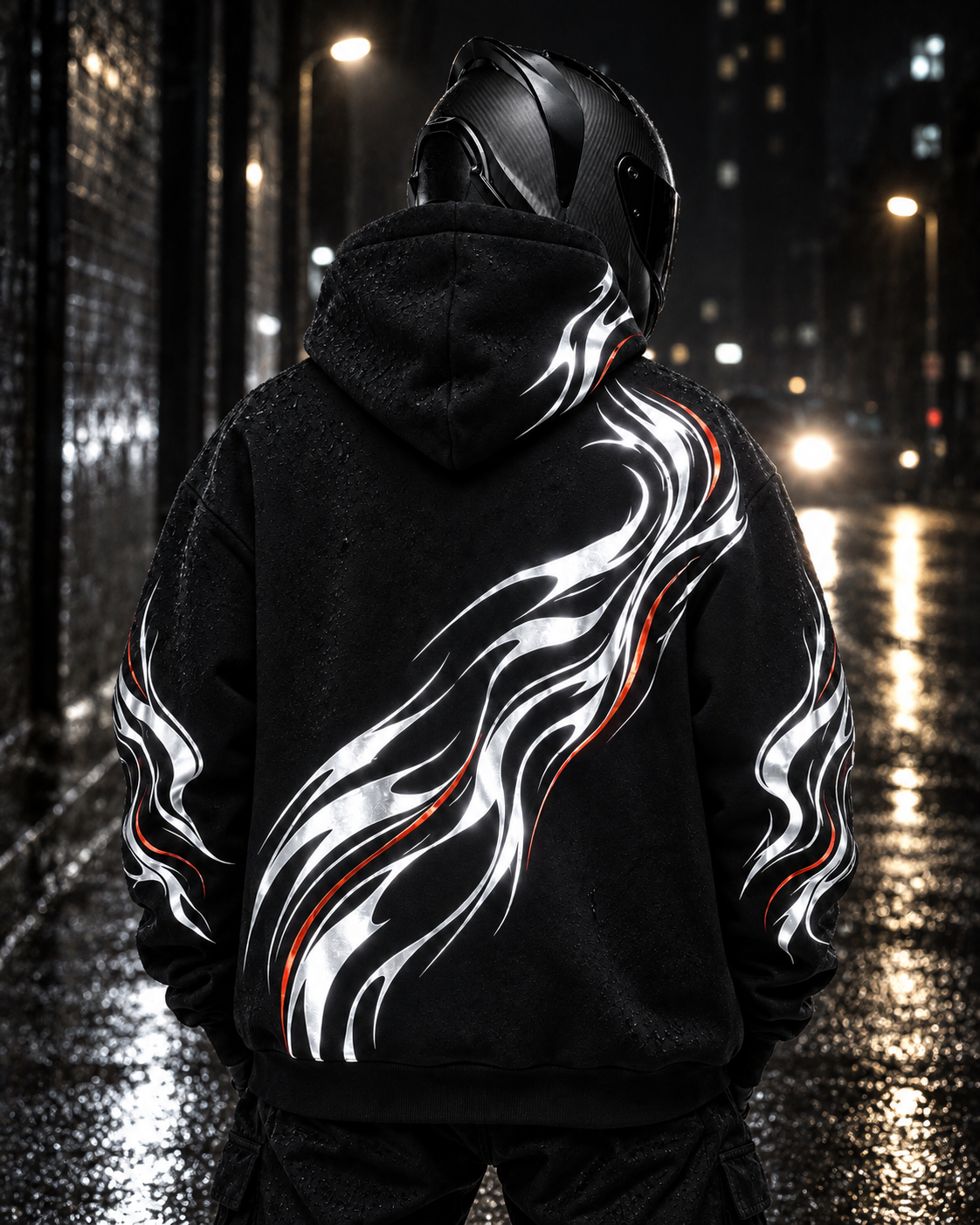 Signal Flame Reflective Hoodie reflective artwork illuminated at night