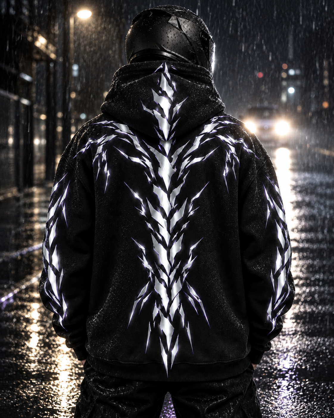 Storm Spine Reflective Hoodie reflective artwork illuminated at night