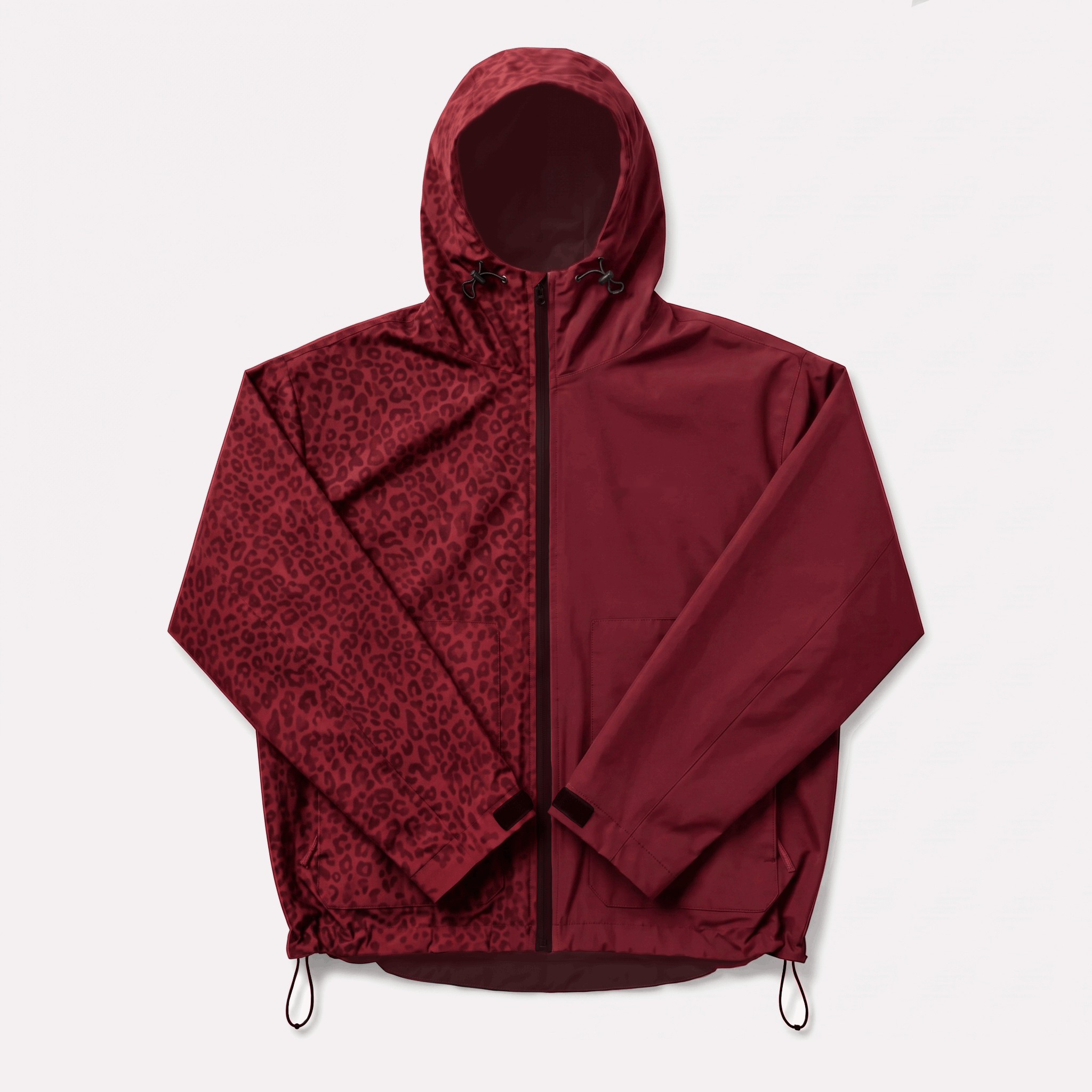 VALURNE water-reactive cheetah rain jacket — Burgundy