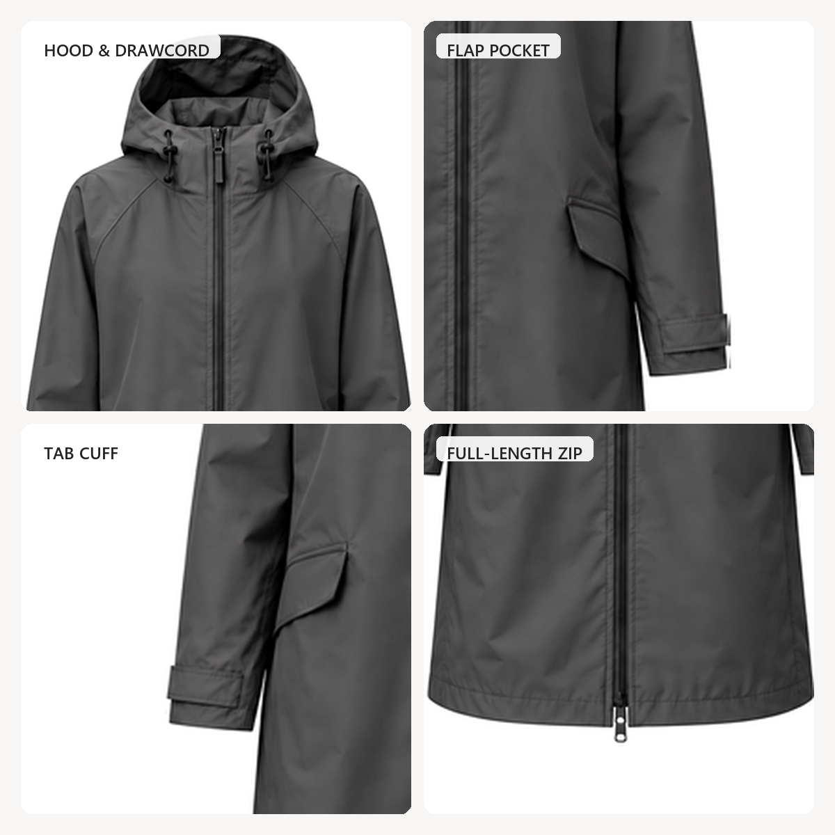 Water-Reactive Constellation Long Raincoat — Charcoal hood, zip, pocket, cuff and hem construction details