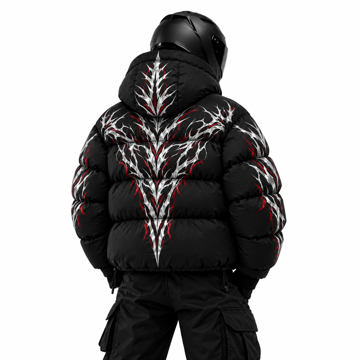 Crimson Thorn Reflective Down Puffer rear studio view