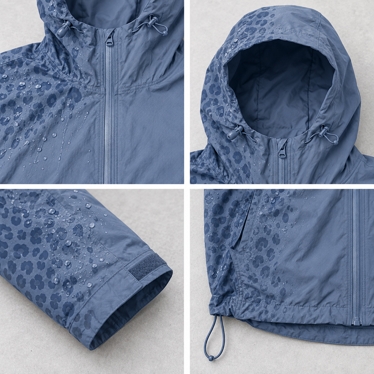 Blue water-reactive cheetah rain jacket construction details