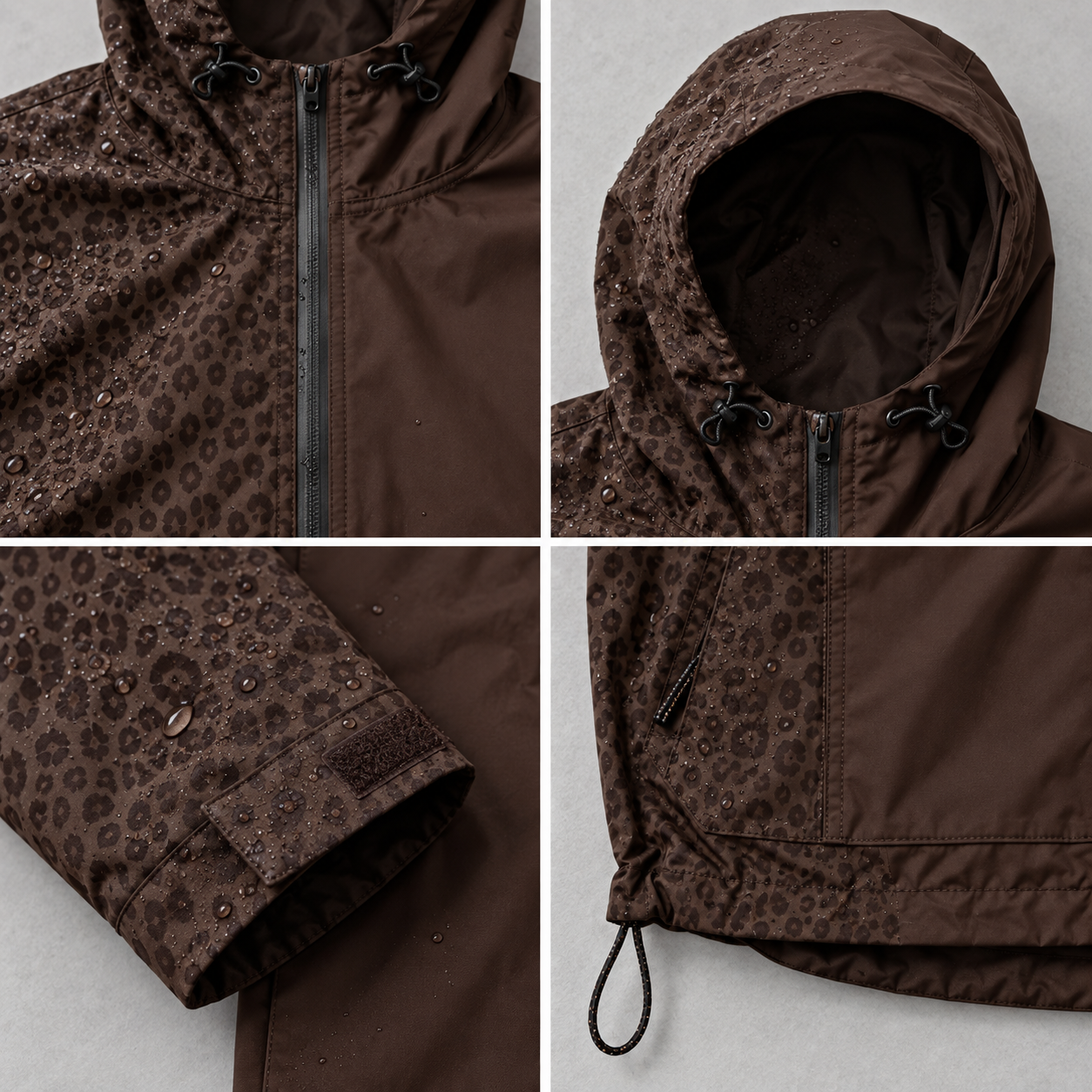 Brown water-reactive cheetah rain jacket construction details