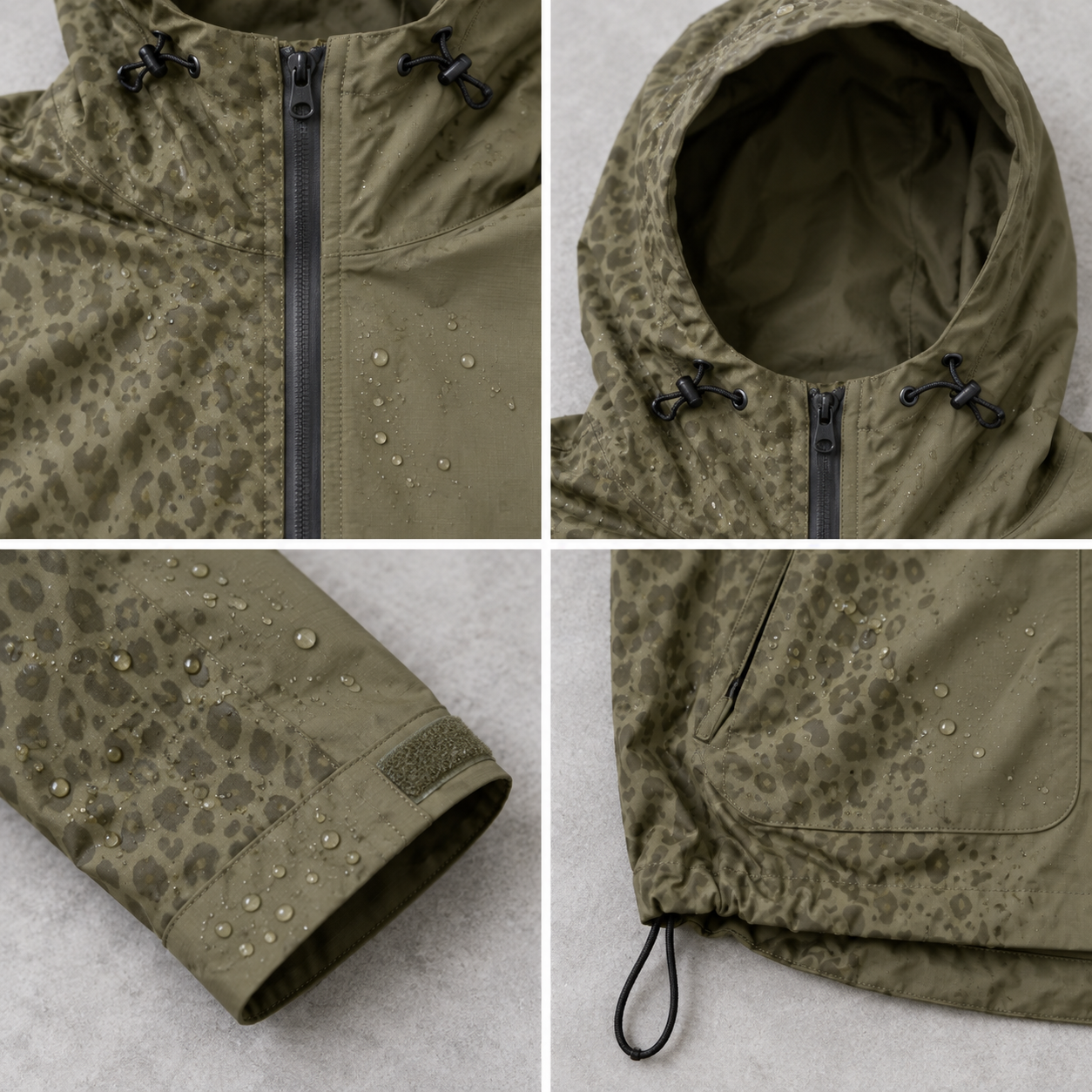 Green water-reactive cheetah rain jacket construction details
