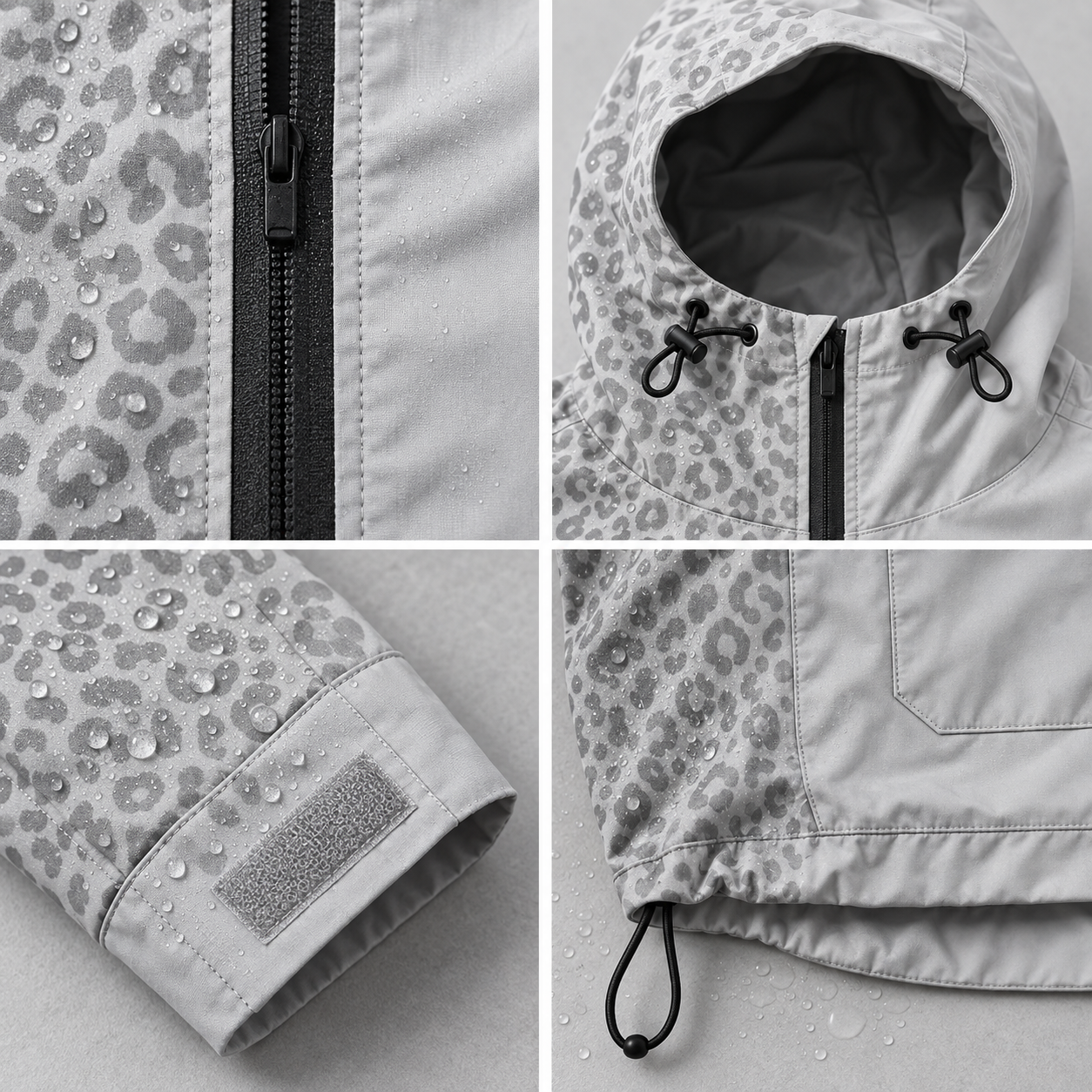 Grey water-reactive cheetah rain jacket construction details