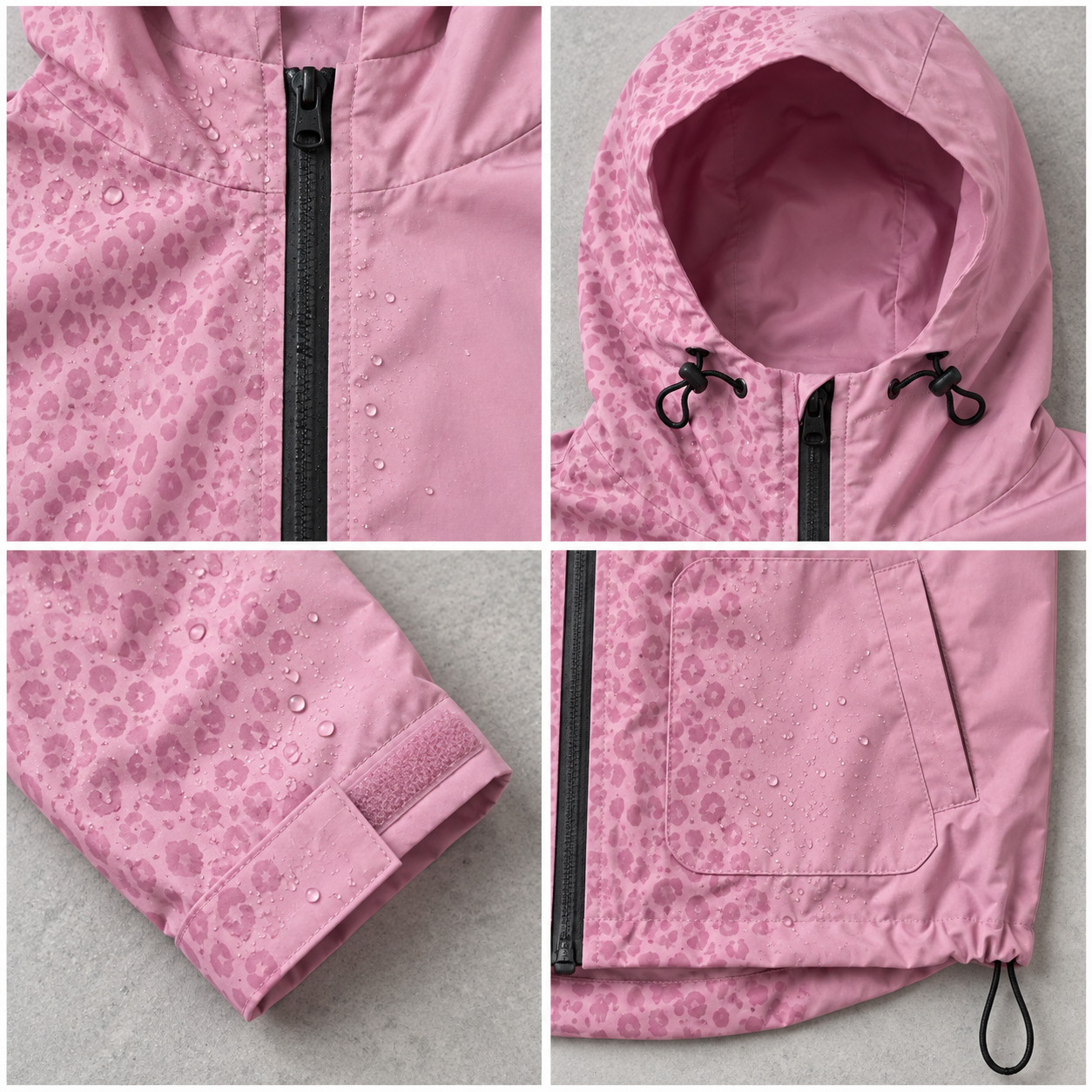 Pink water-reactive cheetah rain jacket construction details