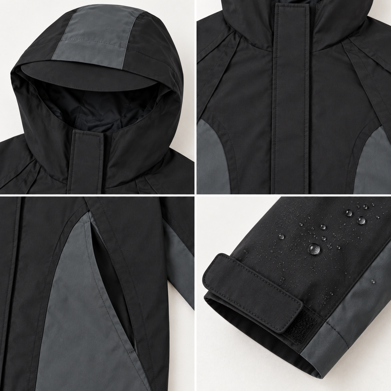 Black reptile rain jacket construction details