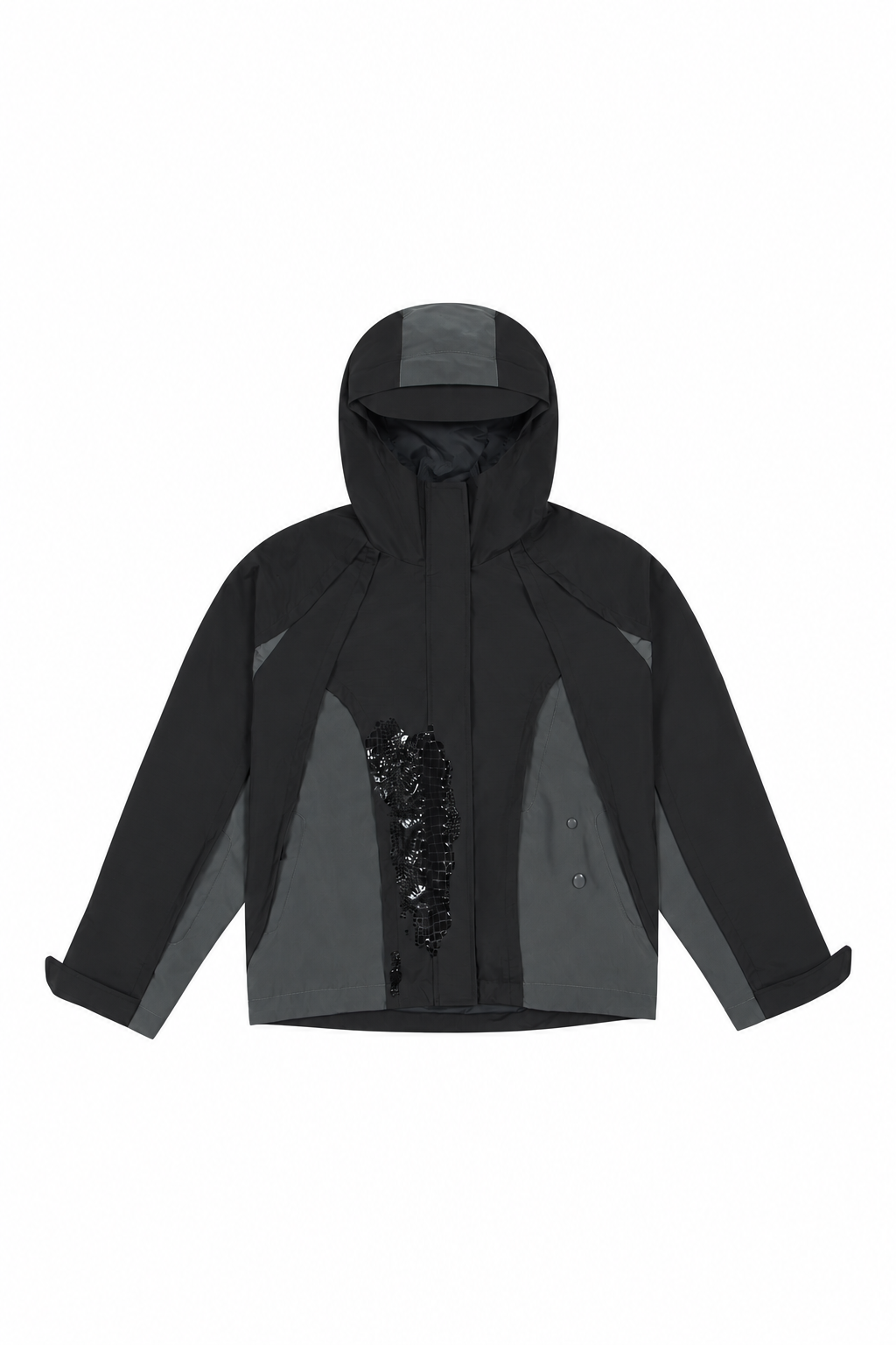 Black reptile rain jacket water-reactive product view