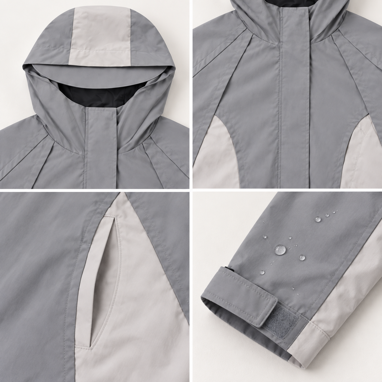 Grey reptile rain jacket construction details