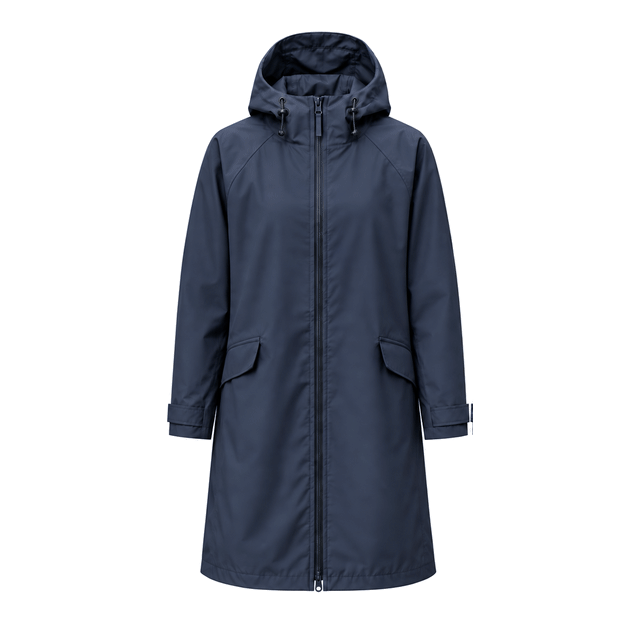 Water-Reactive Ripple Long Raincoat — Navy natural irregular wet transition