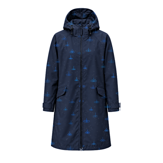 Water-Reactive Ripple Long Raincoat — Navy fully wet natural raindrop-ripple pattern