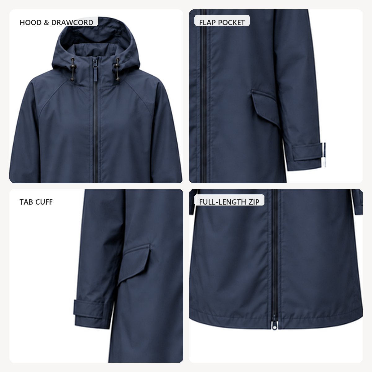 Water-Reactive Ripple Long Raincoat — Navy hood, zip, pocket, cuff and hem construction details