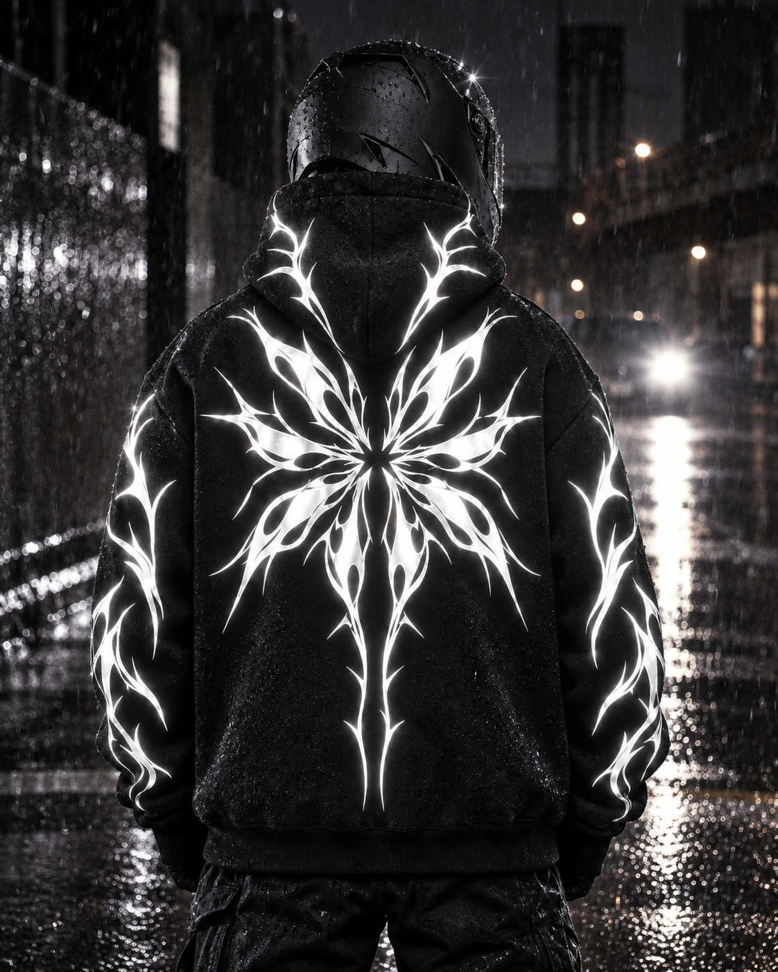 Night Bloom Reflective Hoodie reflective artwork illuminated at night