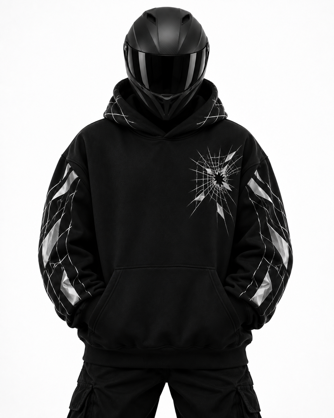 Obsidian Grid Reflective Hoodie front studio view