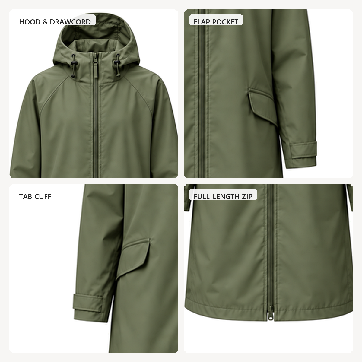 Water-Reactive Botanical Long Raincoat — Olive hood, zip, pocket, cuff and hem construction details