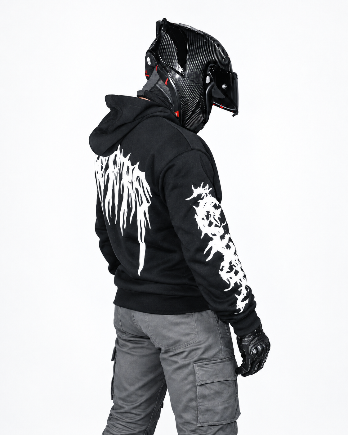 Black reflective rider hoodie studio back view