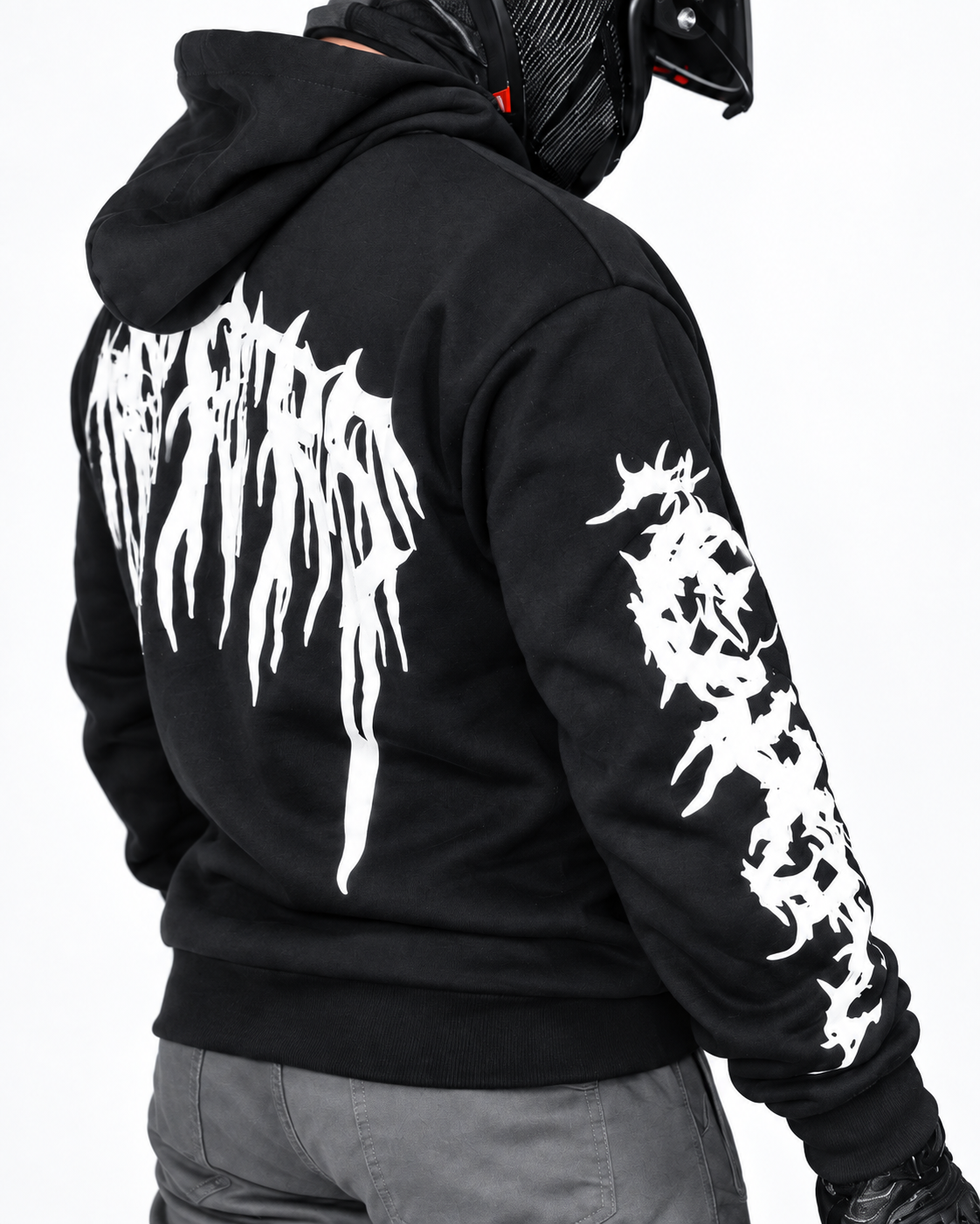 Black reflective rider hoodie back and sleeve detail