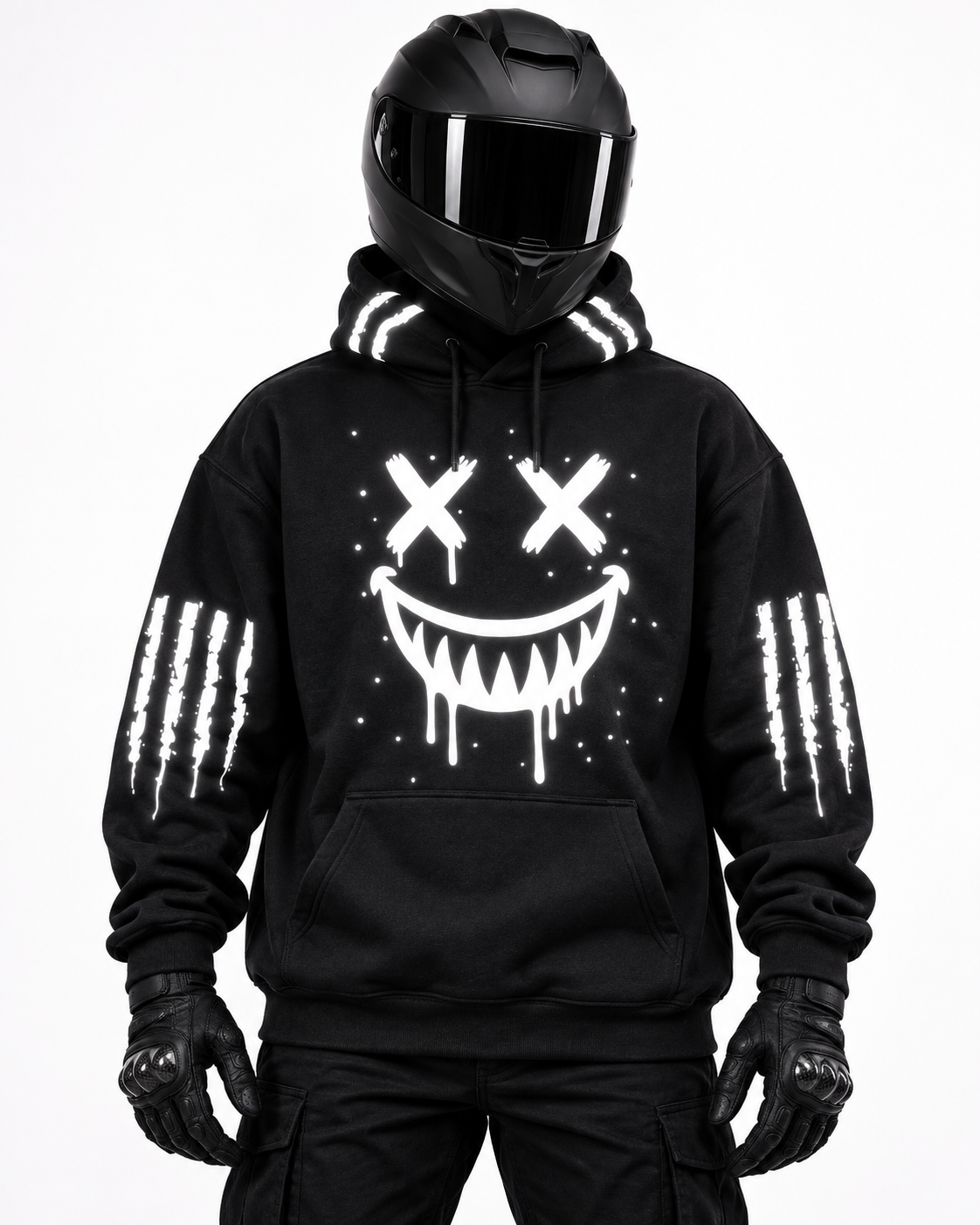Black reflective smiley motorcycle hoodie front studio view