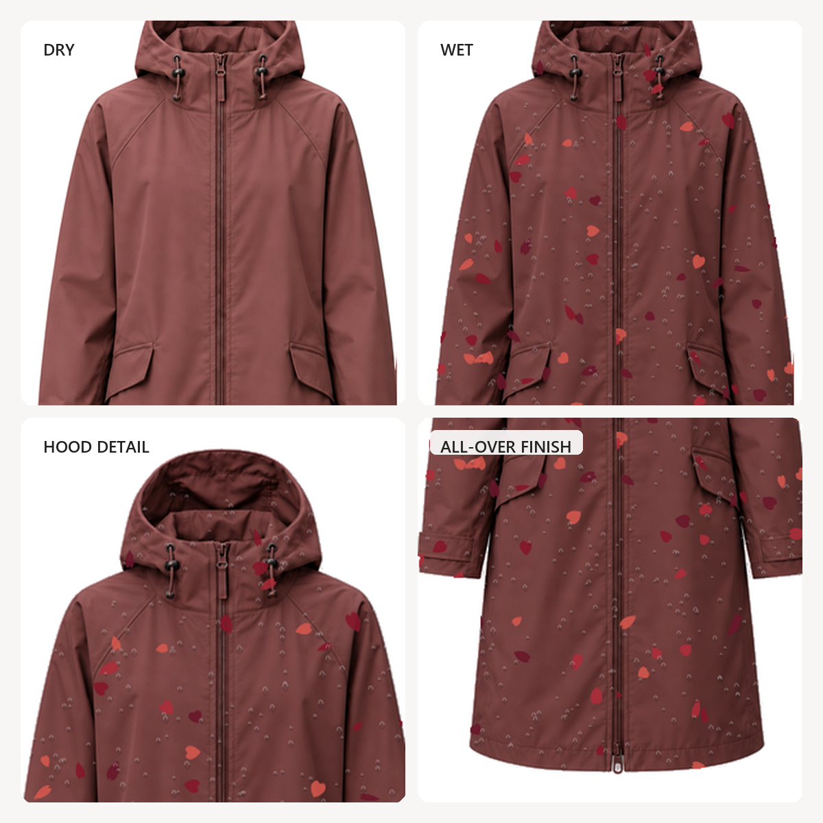 Water-Reactive Petal Long Raincoat — Wine dry and wet close-up showing the water-reactive finish