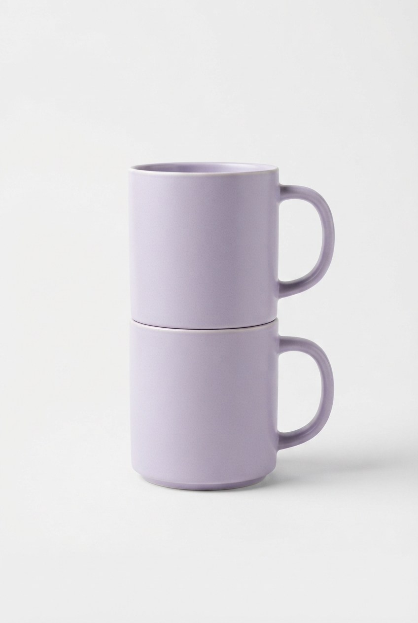 Set of four soft ceramic mugs in lavender tone