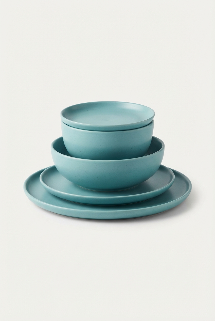 Set of four soft ceramic dinner plates in paleturquoise tone