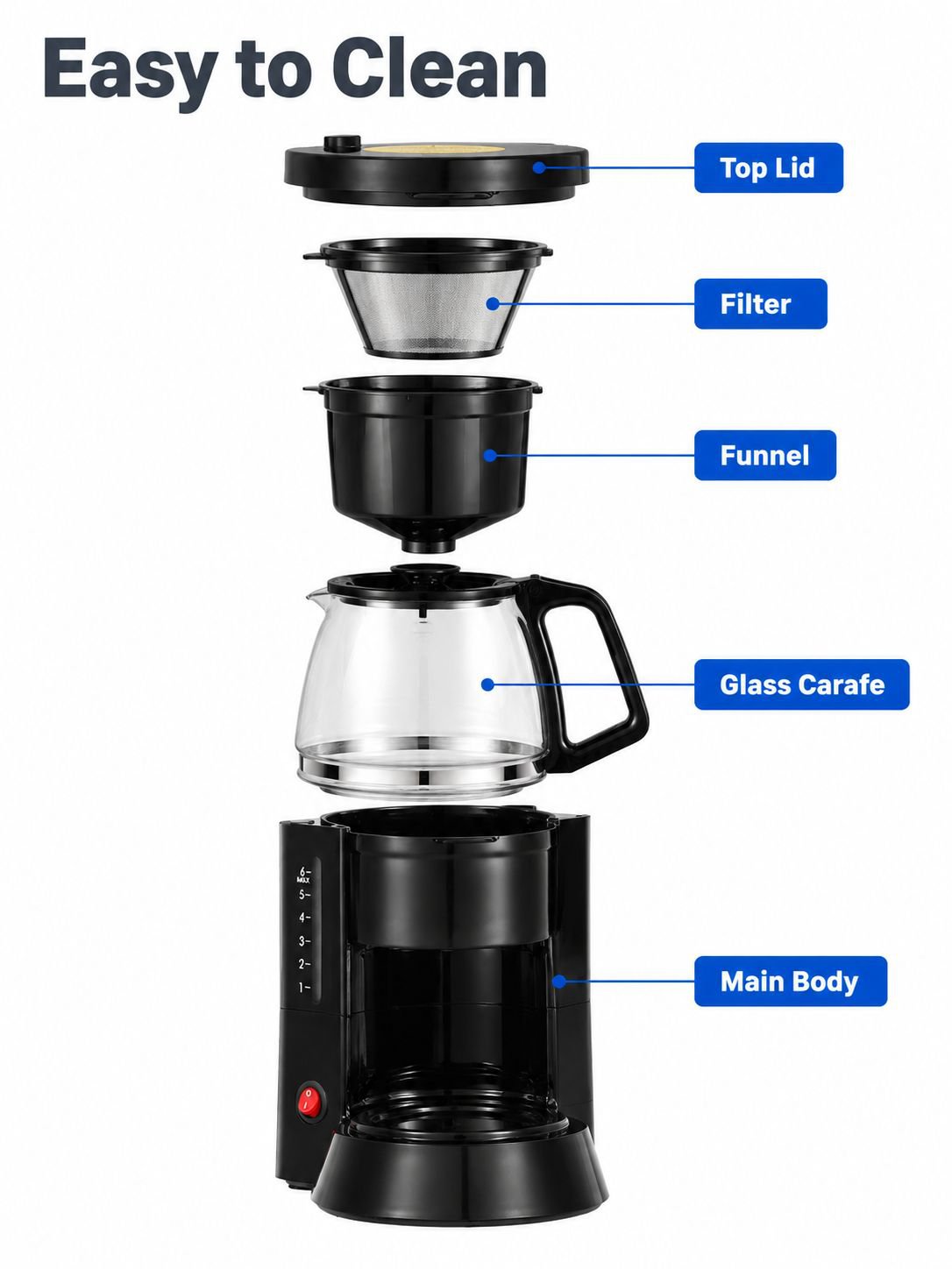 Family size drip coffee machine with glass carafe