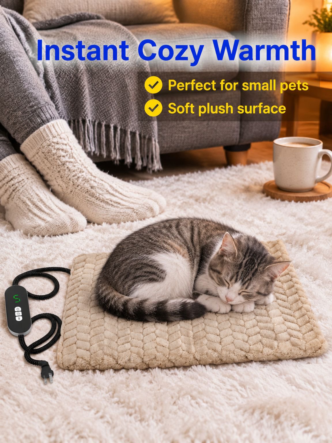Image of a Pet Thermostatic Heating Pad in use, keeping a cat warm.