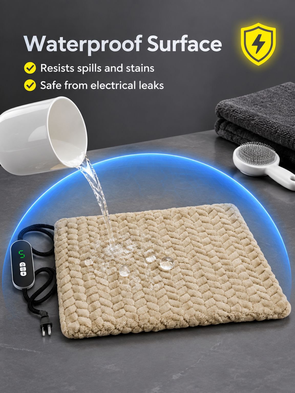 Electric heating pad with long cord for safe and easy use by pets.