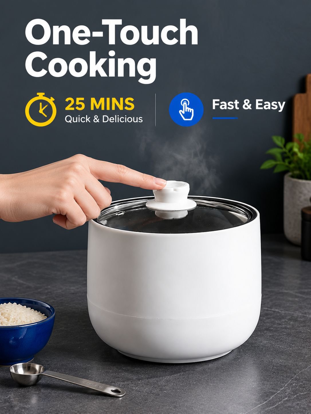 Portable compact rice cooker with modern kitchen design