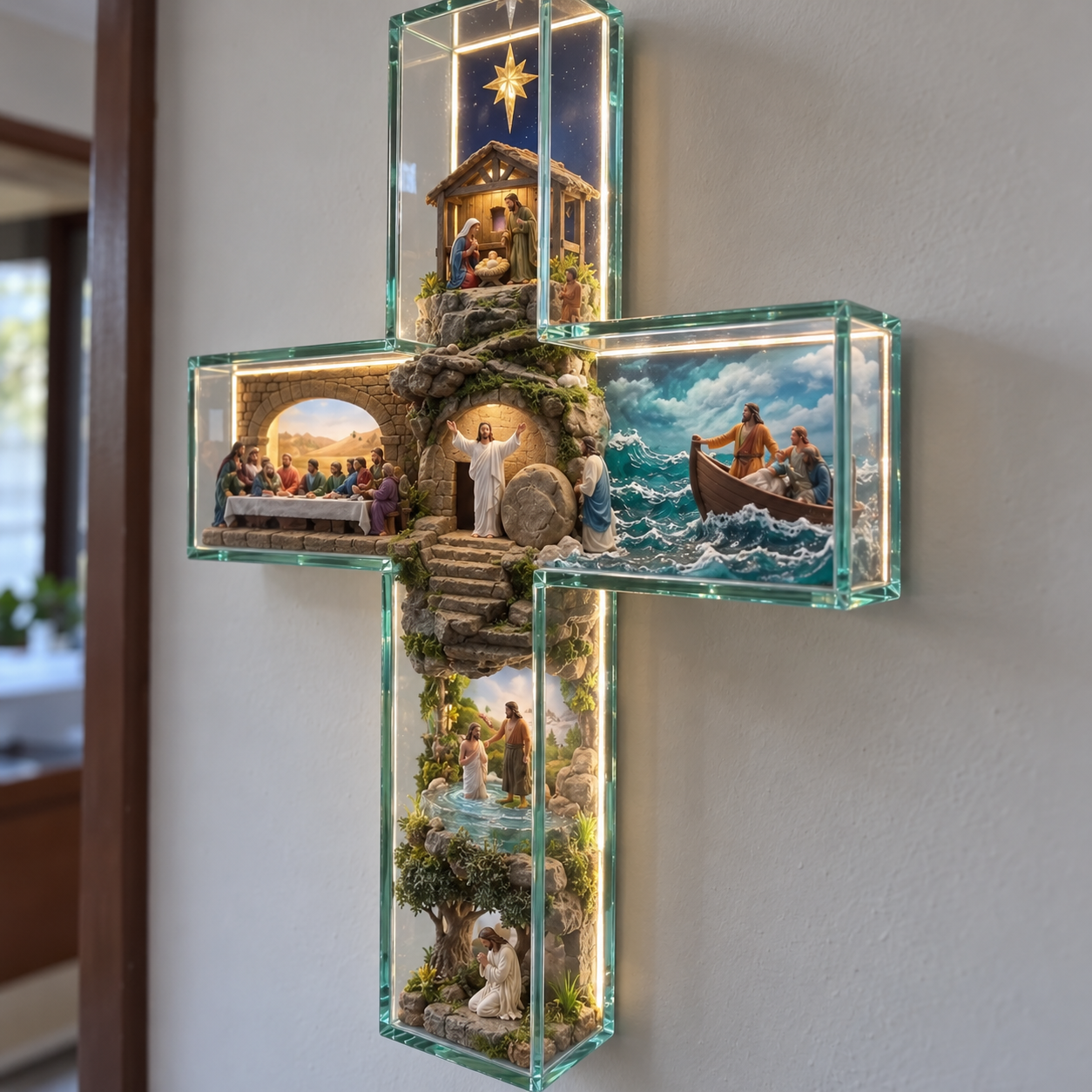 Illuminated Biblical Story Cross – 3D Christian Wall Décor with Warm Lighting