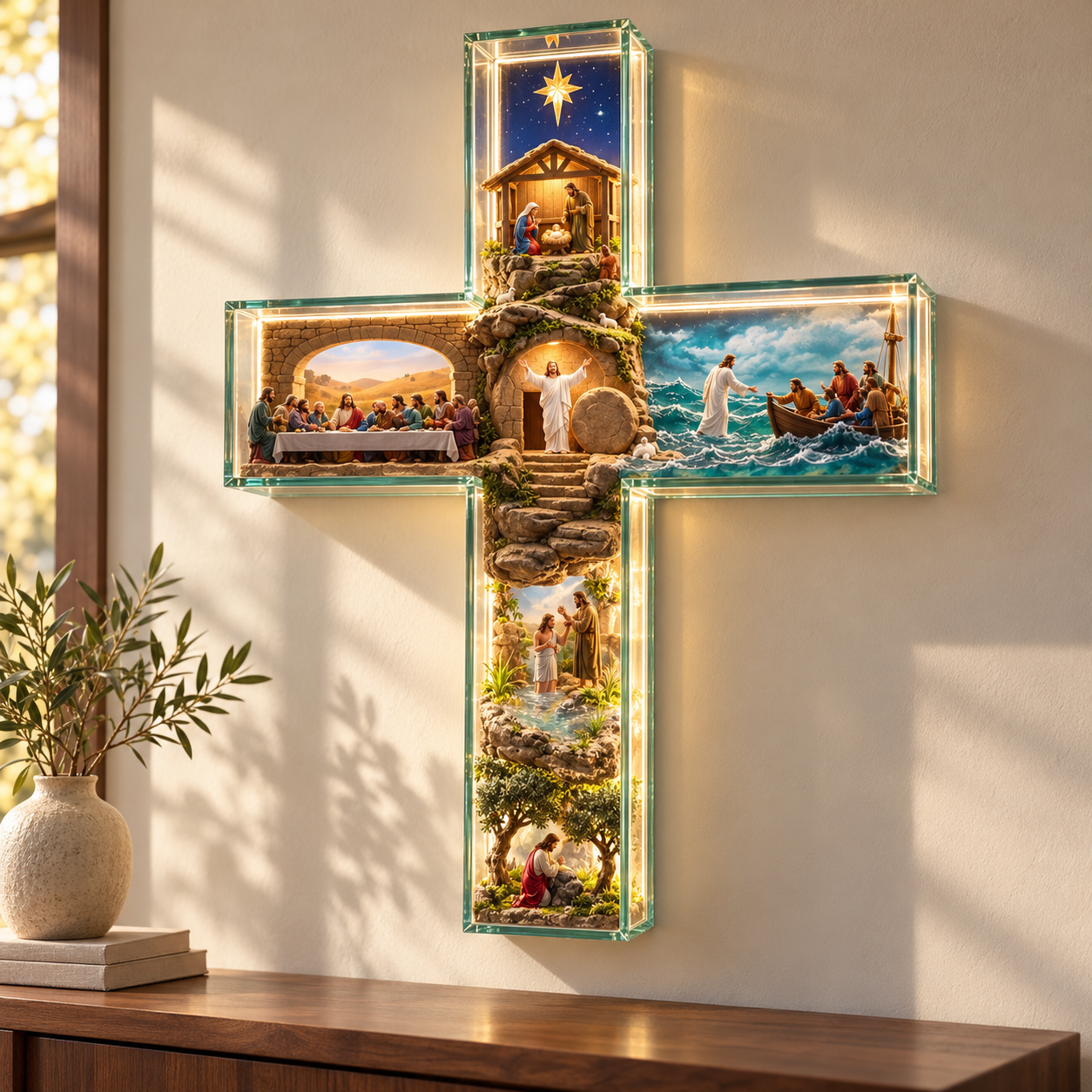 Illuminated Biblical Story Cross – 3D Christian Wall Décor with Warm Lighting