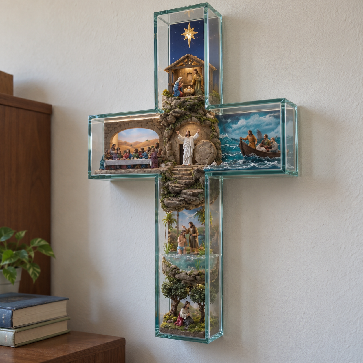 Illuminated Biblical Story Cross – 3D Christian Wall Décor with Warm Lighting