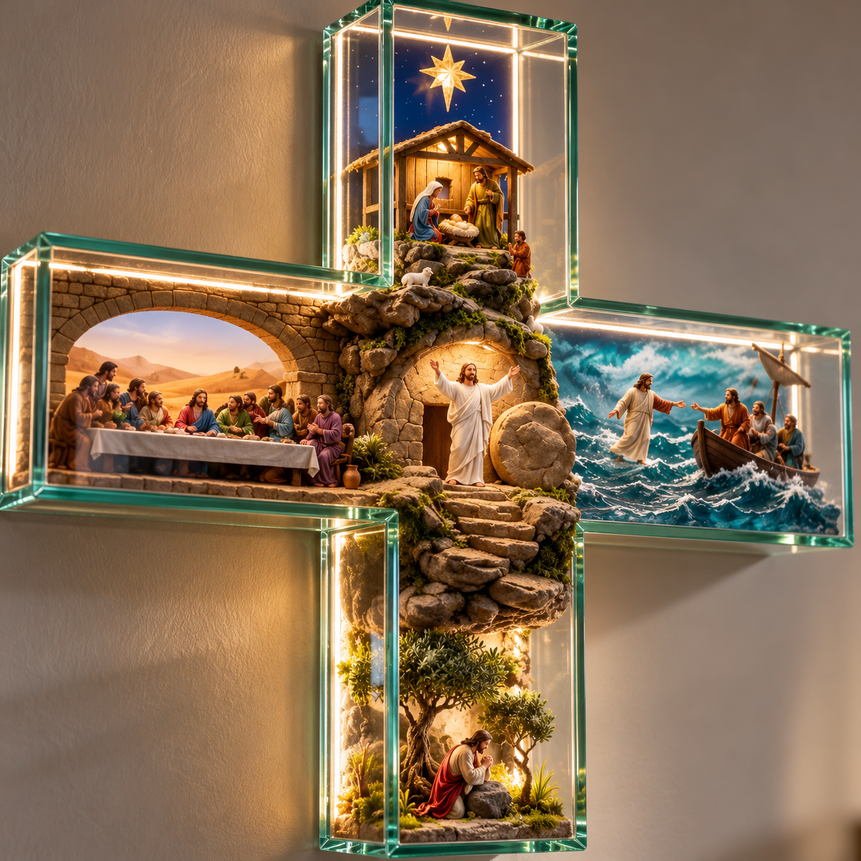 Illuminated Biblical Story Cross – 3D Christian Wall Décor with Warm Lighting
