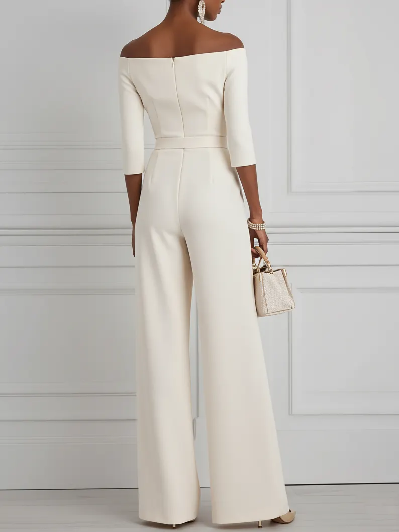 Women White Off The Shoulder Half Sleeve Dressy Jumpsuit With Pockets