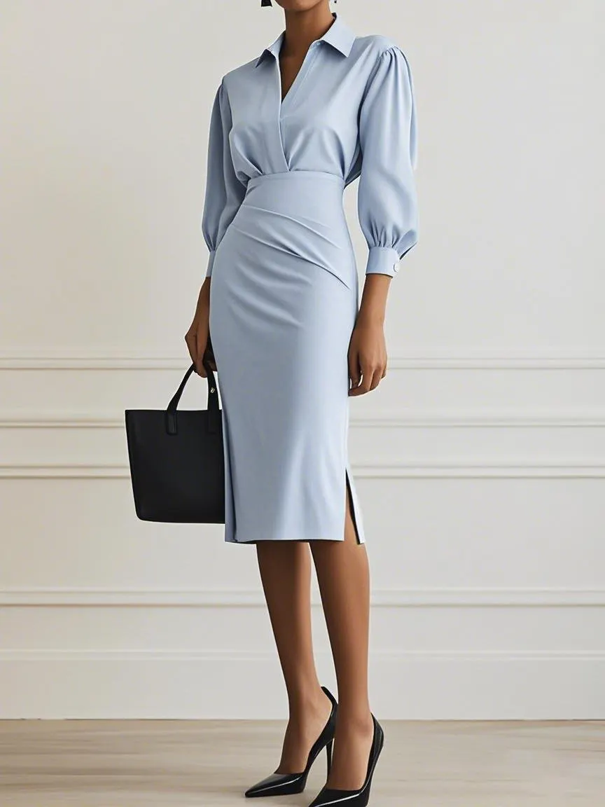 Women Light Blue Ruched Shirt Collar Long Sleeve Dressy Top With Skirt Two-Piece Set