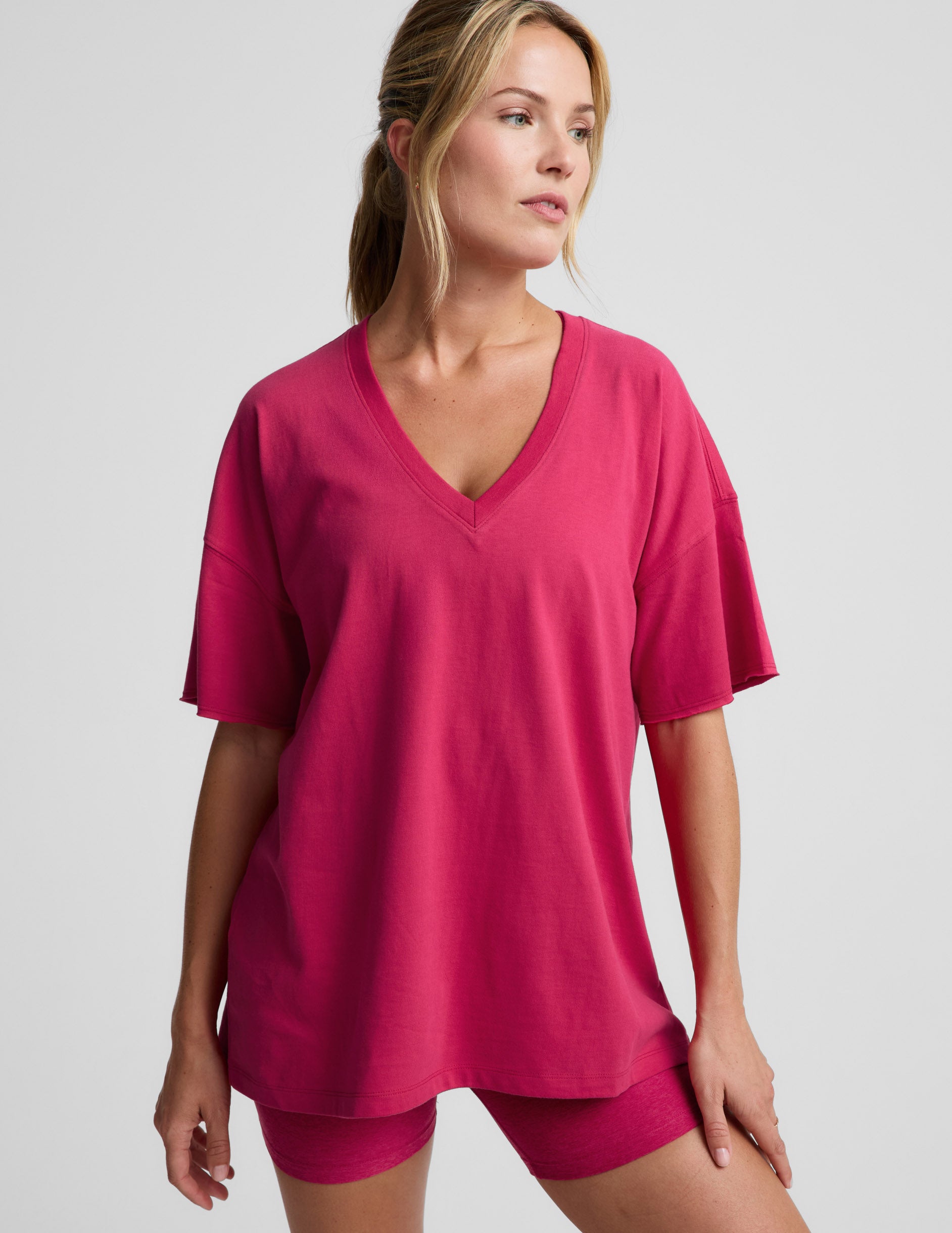 SoftKnit Better Than Ever Oversized V-Neck Cotton Tee - Berry Red