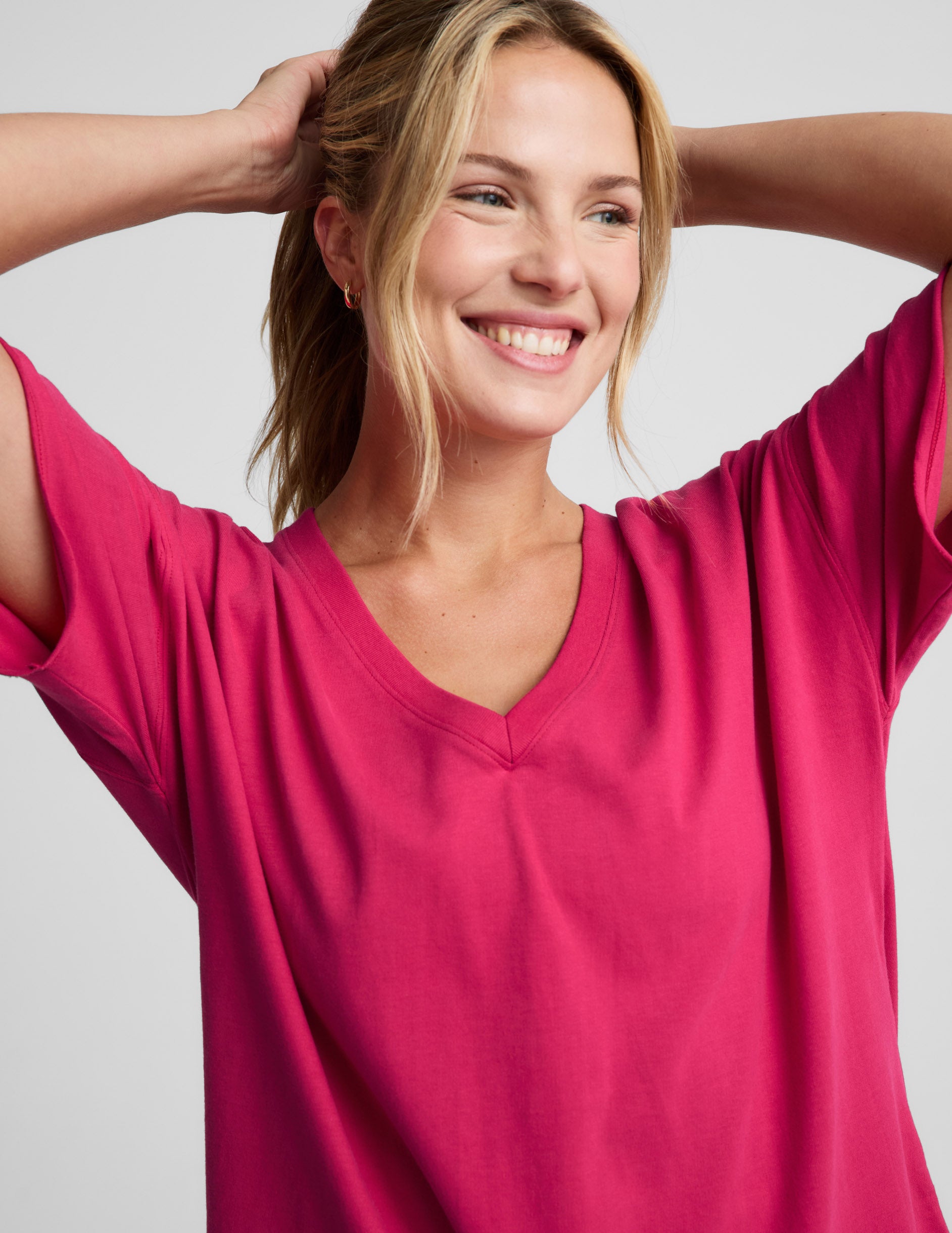 SoftKnit Better Than Ever Oversized V-Neck Cotton Tee - Berry Red