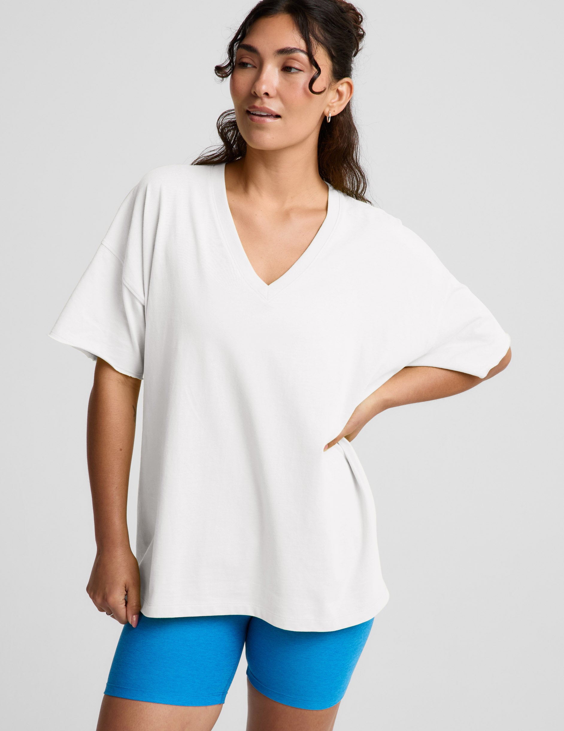 SoftKnit Better Than Ever Oversized V-Neck Cotton Tee - Crisp White