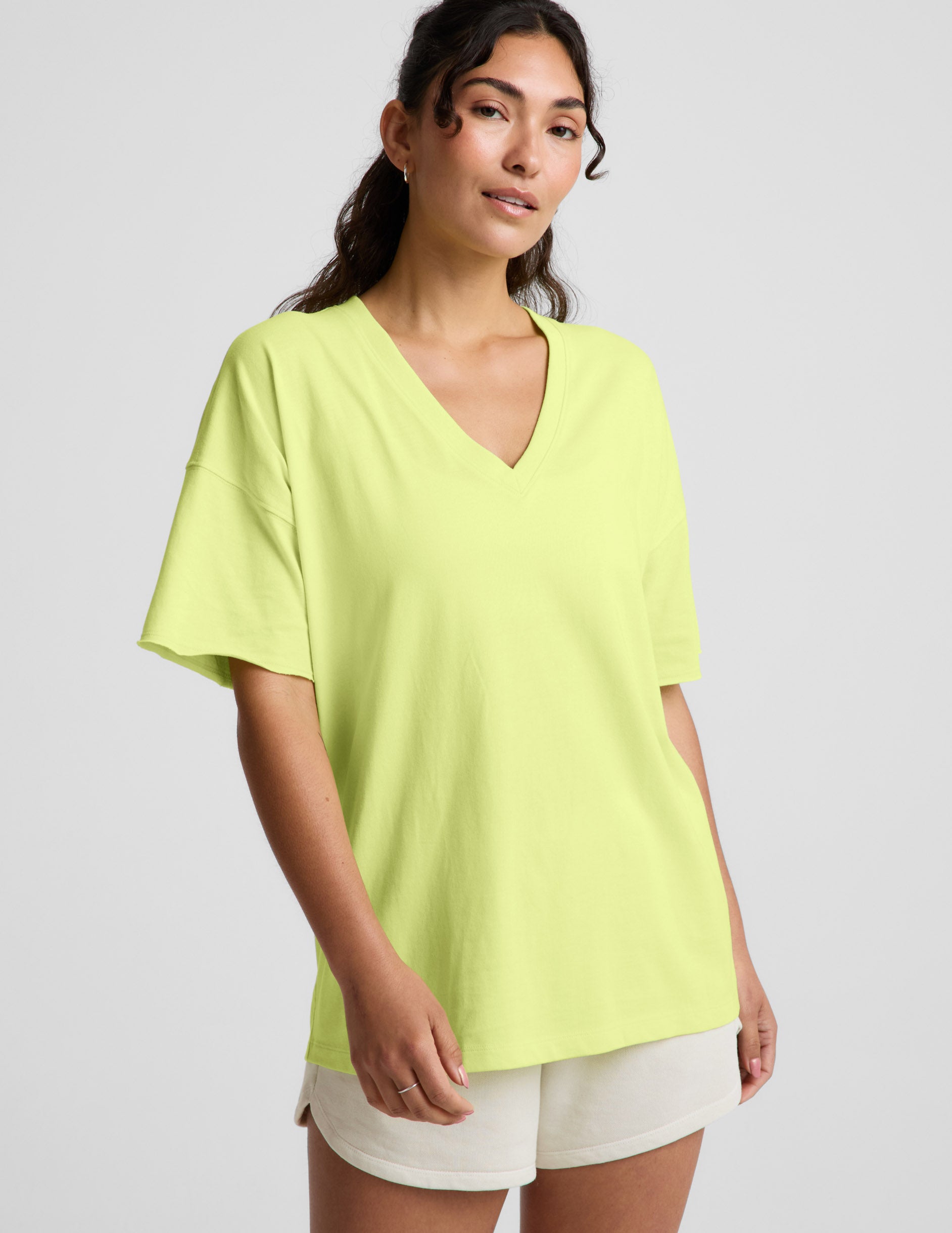 SoftKnit Better Than Ever Oversized V-Neck Cotton Tee - Electric Lime