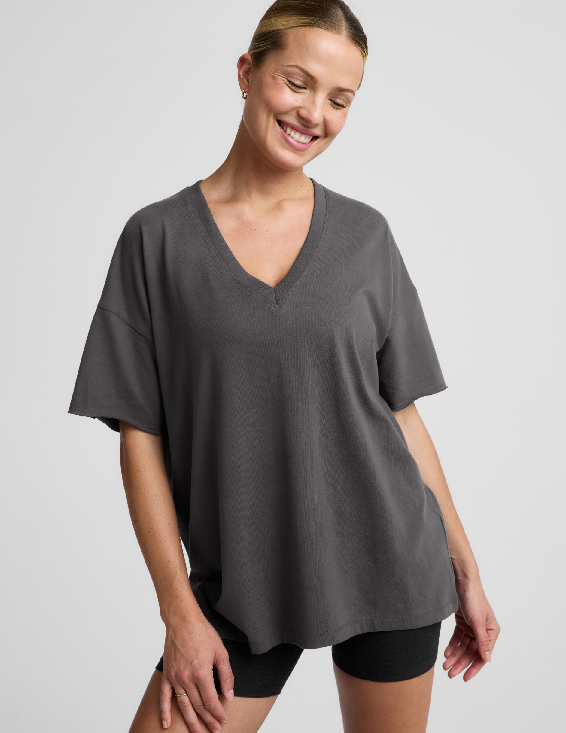 SoftKnit Better Than Ever Oversized V-Neck Cotton Tee - Black Ash