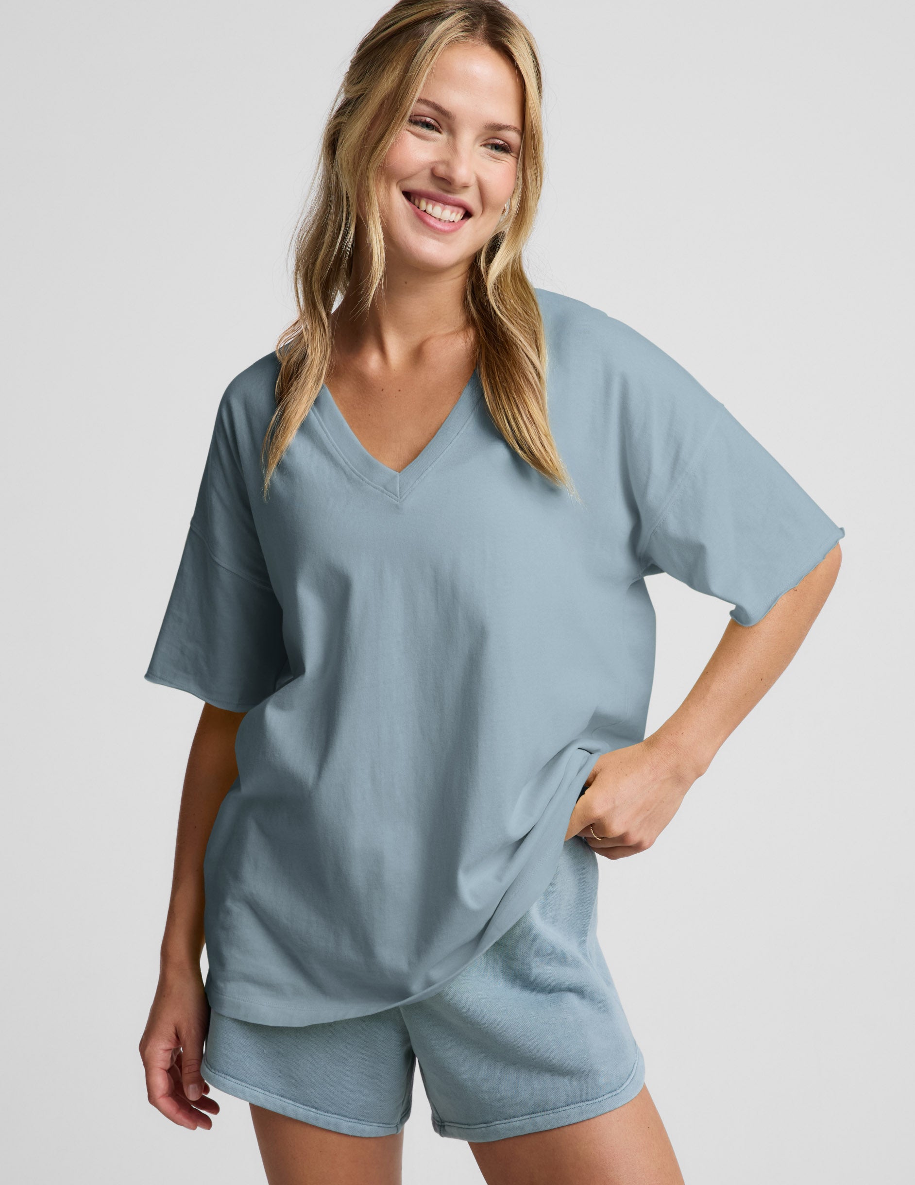 SoftKnit Better Than Ever Oversized V-Neck Cotton Tee - Washed After Dark Navy