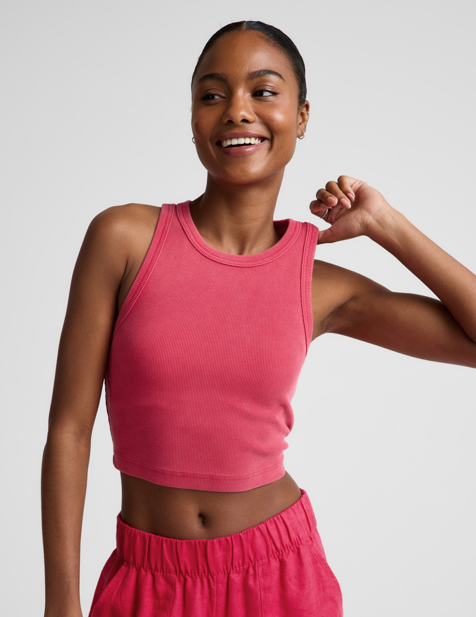 On Repeat Rib High Neck Cropped Tank - Washed Berry Red