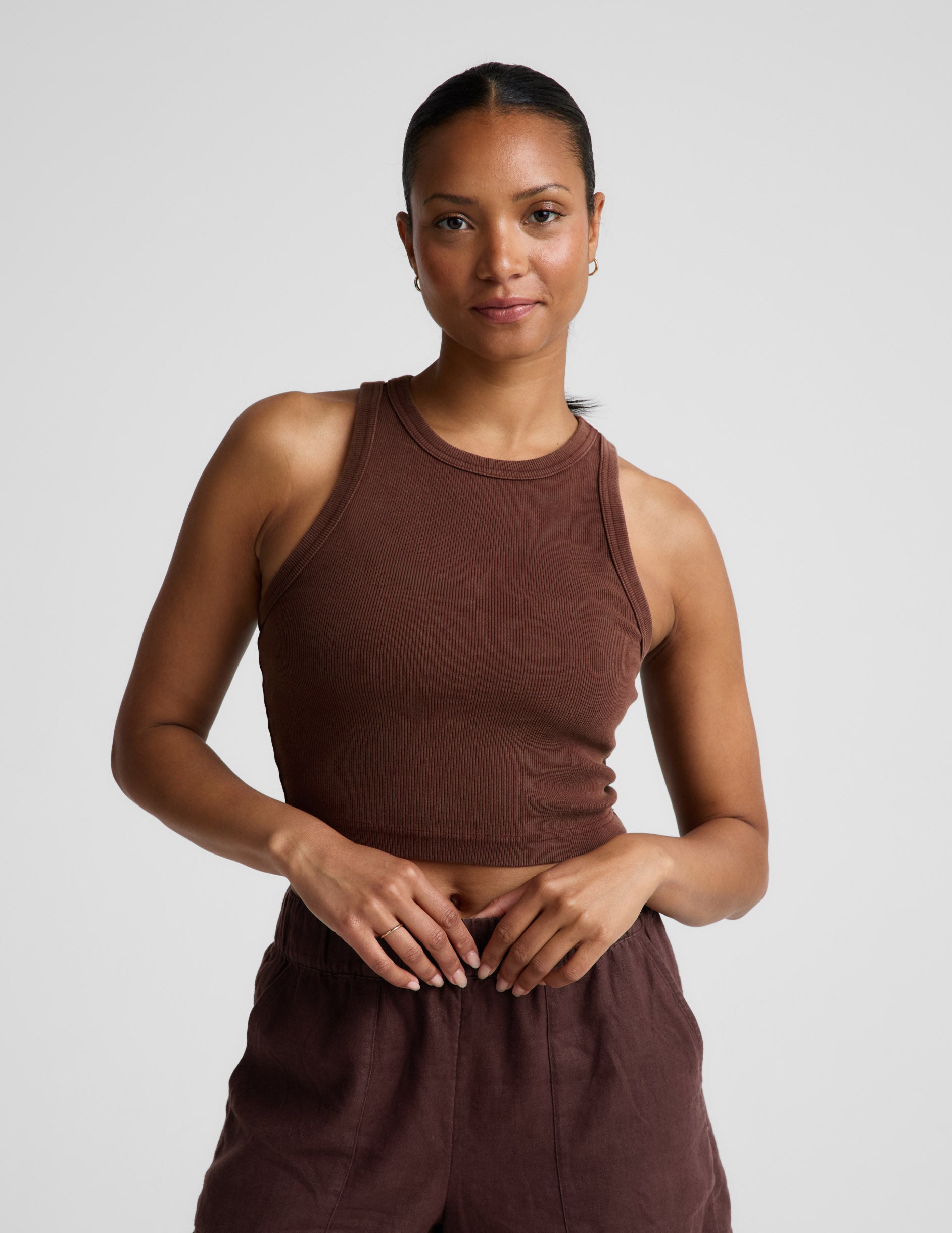 On Repeat Rib High Neck Cropped Tank - Washed Iced Mocha