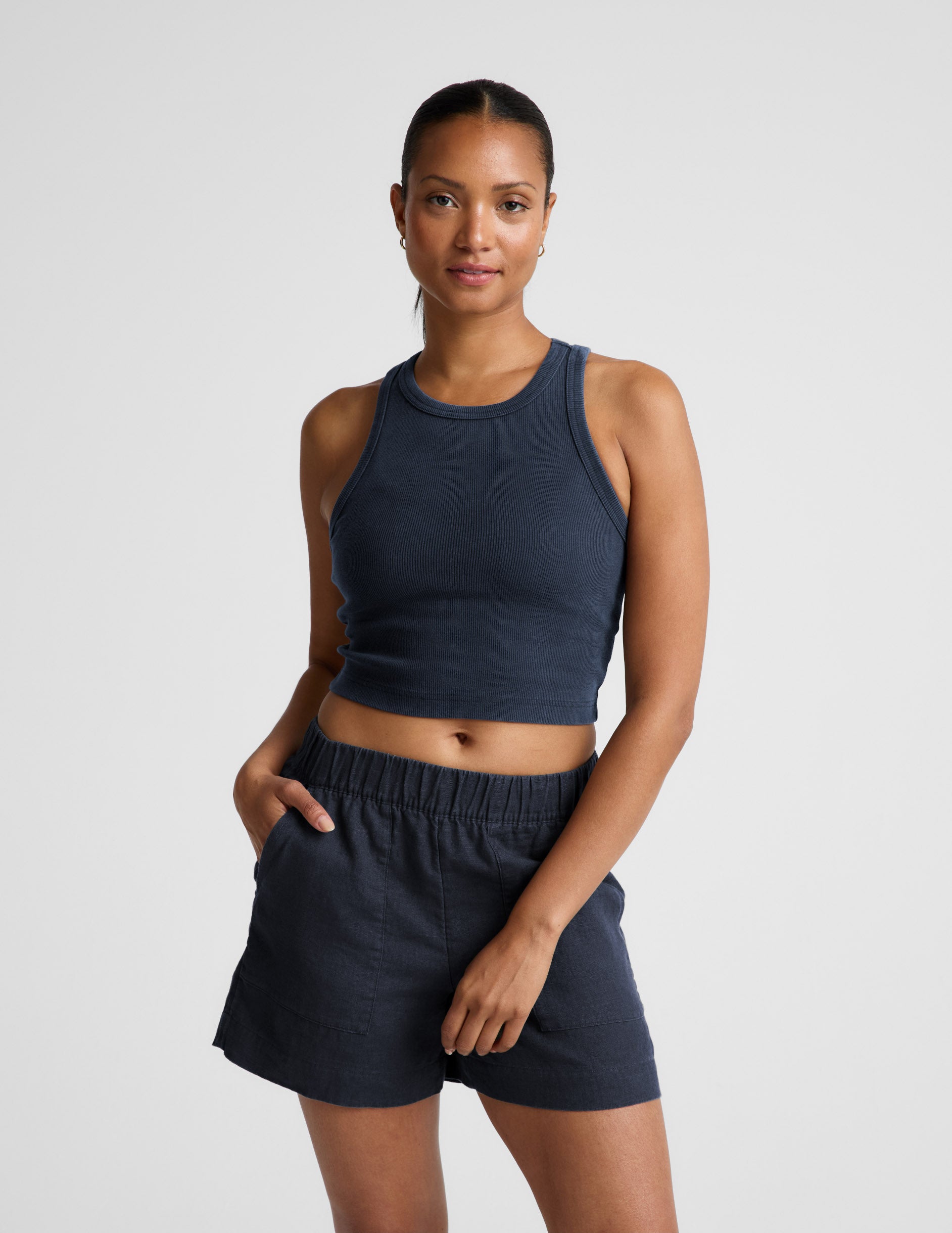 On Repeat Rib High Neck Cropped Tank - Washed Nocturnal Navy