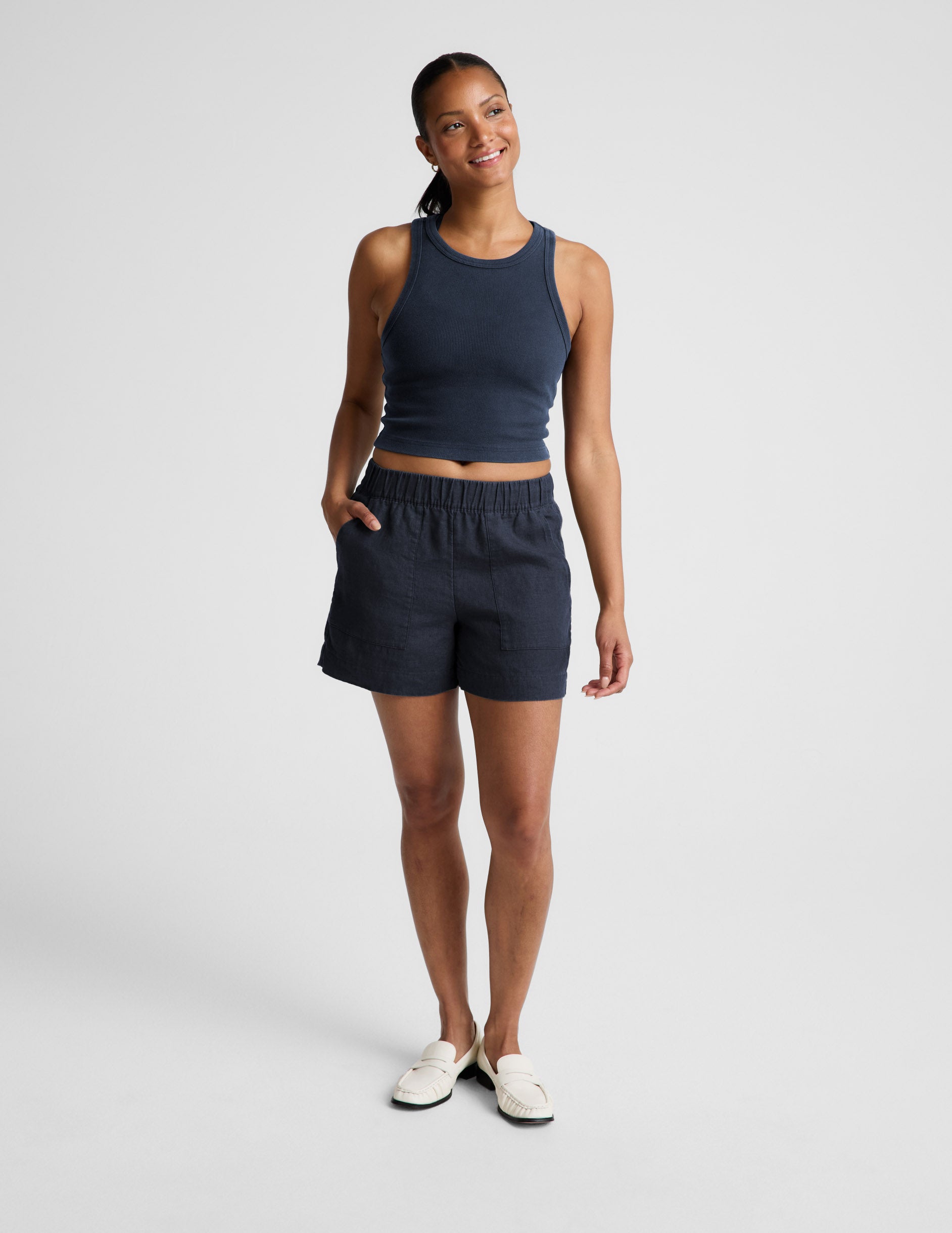 On Repeat Rib High Neck Cropped Tank - Washed Nocturnal Navy
