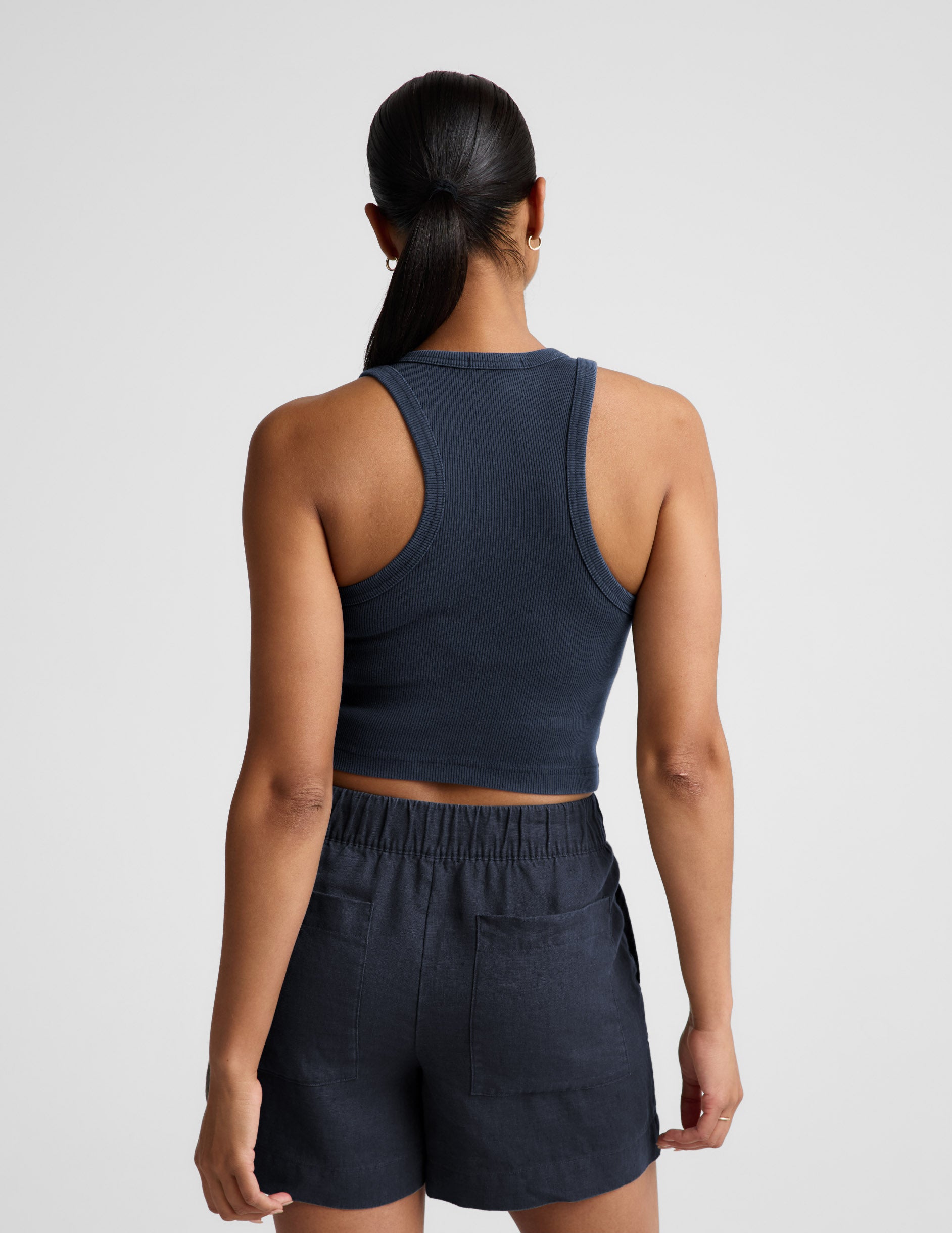 On Repeat Rib High Neck Cropped Tank - Washed Nocturnal Navy