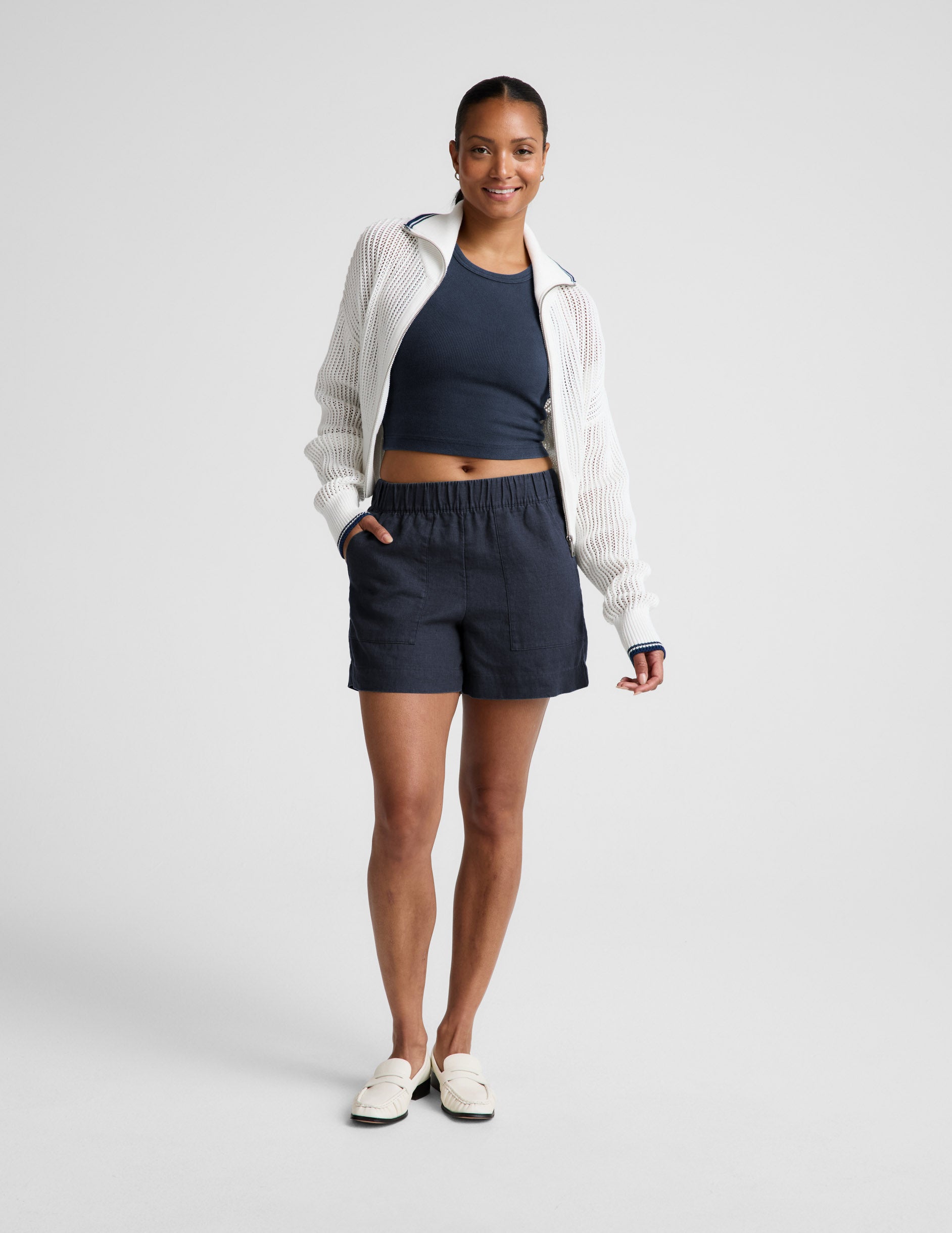 On Repeat Rib High Neck Cropped Tank - Washed Nocturnal Navy