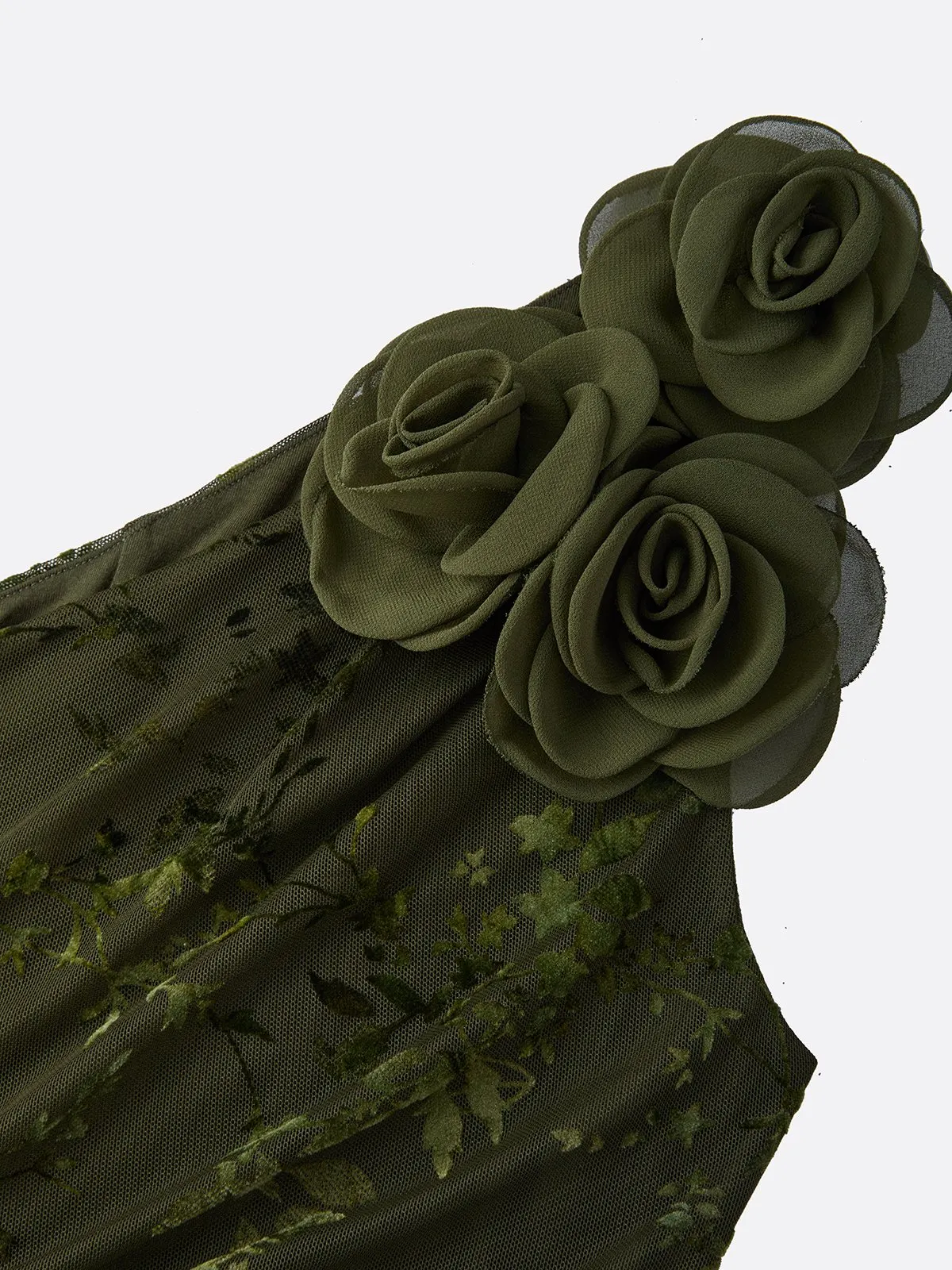 Army Green 3D Floral Ruffled Classic One Shoulder Sleeveless Mermaid Maxi Dress